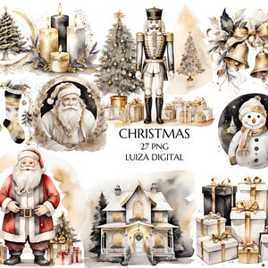 Clipart de Natal dourado e preto, PNG de Natal em aquarela, Gráficos de boneco de neve dourado, Cartão de Natal, Papai Noel, Quebra-nozes, Download digital