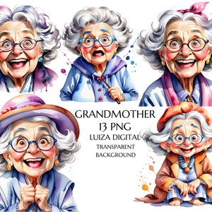 Aquarel grappige oude dame clipart, grappige dronken oude dame png, gelukkige vrouw clipart, grappige cartoon grootmoeder, gelukkige oma clipart