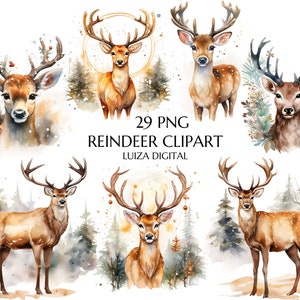 Watercolor Christmas Reindeer Clipart, Gold Christmas, Watercolor Christmas Card Elements, Sublimation, High Quality PNG, Commercial Use
