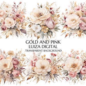 Flores de ouro rosa PNG, Buquês de clipart floral aquarela, Flores de casamento clipart floral dourado png, Uso comercial, clipart digital, Planejador