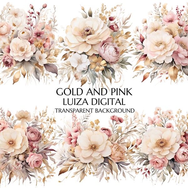 Flores de oro rosa PNG, Ramos de imágenes prediseñadas florales de acuarela, Flores de boda Clipart Oro Floral Png, Uso comercial, Imágenes prediseñadas digitales, Planificador