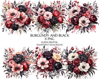 Black and Burgundy Flowers PNG, Watercolor Floral Clipart Bouquets, Wedding Flowers Png, Elements, Commercial Use, Digital clipart PNG
