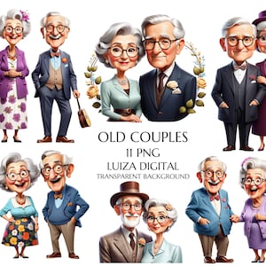 Großeltern Clipart, altes Paar Clipart, alte Dame und alter Mann, glückliche Oma und Opa, Valentinstag Paar Digitaler Download