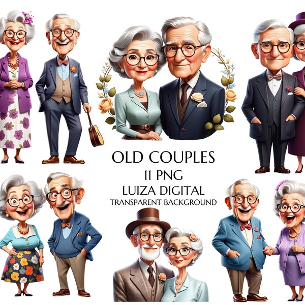 Cute happy old couple clipart PNG, Old lady and old man, Happy grandma and grandpa, Gift for romantic grandparents, Valentines day couple