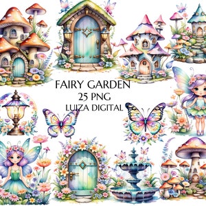 Pastelowy Uroczy Ogród Wróżek Clipart, Akwarela Dom Wróżek Clipart, Magiczny Ogród Wróżek, Drzwi Wróżek, Motyl Wróżek, Sublimacja