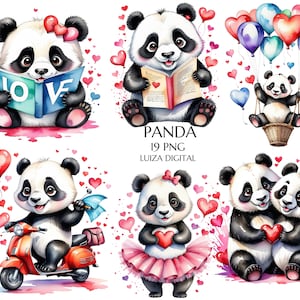 Aquarell Valentinstag Panda Clipart, Dschungel Wildtier-Baby-Dusche, Baby Tier Clipart, Junk Journaling kommerzielle Nutzung Sofort-Download