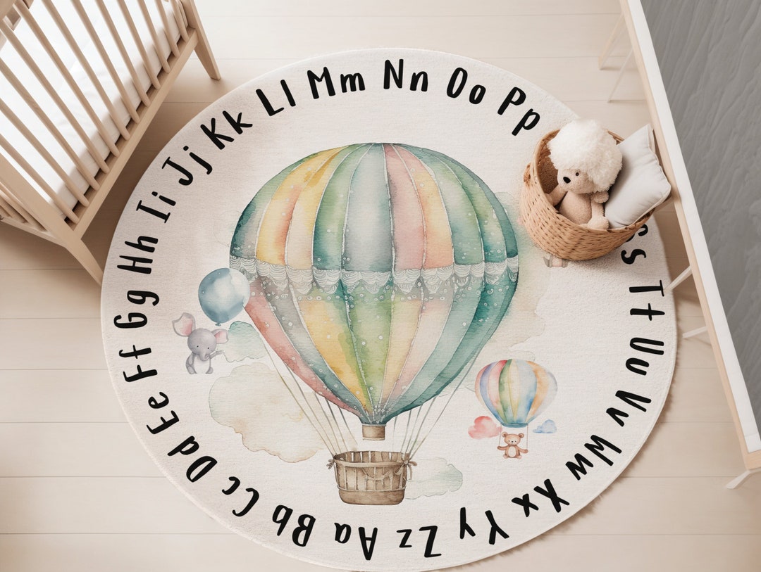 Round Alphabet Rug for Nursery, Hot Air Balloon Nursery Rug, Round Baby ...