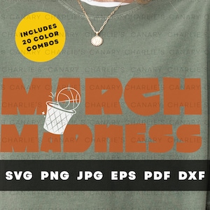 May include: A green t-shirt with the text "March Madness" in orange letters. A basketball is going through a hoop, with the hoop and ball in white. The text "Includes 20 Color Combos" is in a yellow circle.