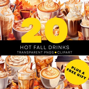 Hot Fall Drinks Clip Art, Coffee, Pumpkin Spice PNG, Fall, Autumn, Transparent PNGs for Commercial Use, Iced Coffee, Pumpkin Spice Latte