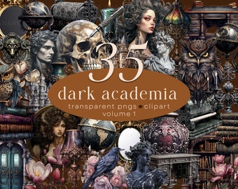 Dark Academia Clip Art, Dark Cottagecore, Library Clipart, Dark Aesthetic, Dark Botanical, Transparent PNGs for Commercial Use [Vol. 1]