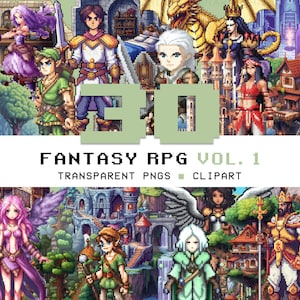 May include: A collection of 30 fantasy RPG characters and objects, including a knight, a wizard, a dragon, a castle, and a forest. The characters are pixelated and have a retro video game style. The text "Fantasy RPG Vol. 1 Transparent PNGs - Clipart" is at the bottom of the image.