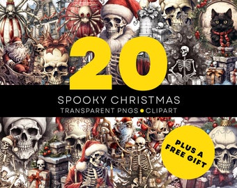 Spooky Christmas Clip Art, Haunted Holiday Transparante PNG's voor commercieel gebruik, Kerstskelet, Halloween Goth Christmas Clipart PNG