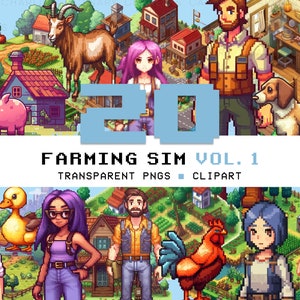 May include: A set of 20 pixel art style clipart images for use in farming simulation games. The images include people, animals, buildings, and other objects. The images are in a cartoon style and have a bright color palette.