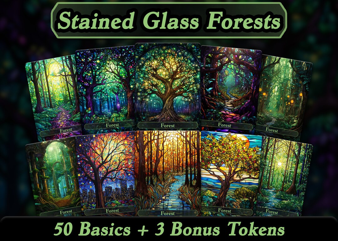 Set of 50 Stained Glass Forests Basic Land MTG Proxies Plus 3 Tokens ...