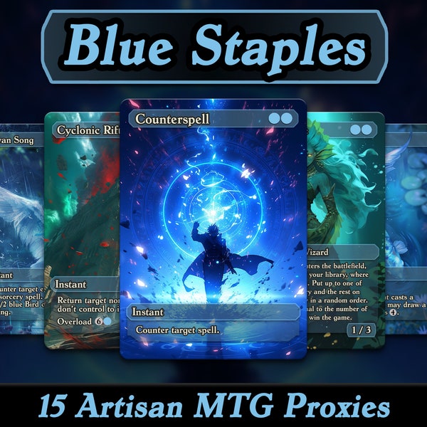 Set of 15 Anime Blue Staples Full Art Quality MTG Proxies + 2 Tokens, Alternative Art Proxy Game Card Tokens, Collection for Commander EDH