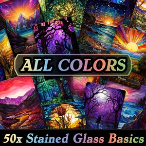 Set of 50 Unique Basic Lands MTG Proxies, Custom Proxy Kaleidoscopic Stained Glass Landscape Cards, Quality Collectible Card Game Replicas