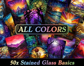 Set of 50 Unique Basic Lands MTG Proxies, Custom Proxy Kaleidoscopic Stained Glass Landscape Cards, Quality Collectible Card Game Replicas