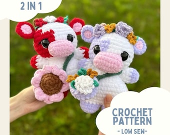 2 en 1 Flora Cow Flower Crochet Pattern patrón de crochet, costura baja, Dulce regalo y juguete de amor, Amigurumi, Market Friendly