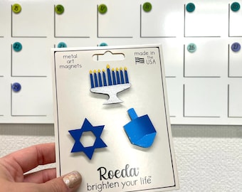 Hand-Painted Hanukkah Magnets: Menorah, Dreidel, Star of David - Set of 3