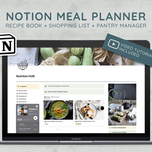 Notion Meal Planner Template, Ultimate Recipe Book Manager, Aesthetic Pantry Inventory, Grocery Shopping List Tracker, Nutrition Dashboard