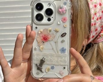 Real Pressed Flower Iphone case for iPhone 17 16 15 14 13 12 11 pro max plus mini case,Resin Floral Aesthetic, Gift for her, Soft Charm