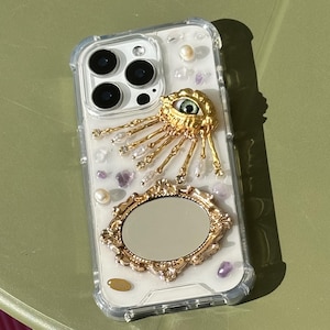 Harz Designer Iphone Hülle ästhetischen Iphone Fall für iPhone 17 16 15 14 13 12 11 pro max plus Mini Fall Golden Eye mit Spiegel natürliche Perle