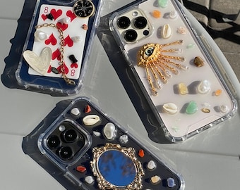Handmade Resin designer Phone case, aesthetic decoden Iphone case with shells and stones