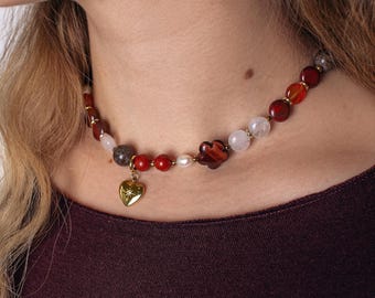 Multi-use Tigers eye dainty necklace 3-in-1, Beaded necklace with Natural Pearls, Jasper, Quartz, Carnelian and 2 pendants, Gift for her