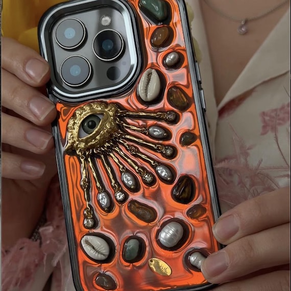 Resin decoden phone case, aesthetic tough phone case for iPhone 17 16 15 14 13 12 11 pro max plus mini case, Golden eye