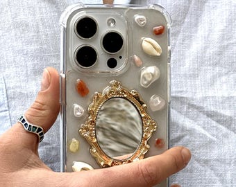 Resin designer iphone case, aesthetic iphone case for iPhone 17 16 15 14 13 12 11 pro max plus mini case, Golden Mirror with shells, pebbles