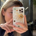 Resin designer Iphone case, aesthetic Iphone case for iPhone 16 15 14 13 12 11 pro max plus mini case, Golden eye with shells and stones product logo
