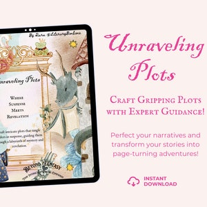 Op de afbeelding: Een digitaal tabletscherm met een kleurrijke illustratie van een draak en een kikker. De tekst op het scherm luidt "Unraveling Plots: Where Suspense Meets Revelation". De tekst onder de afbeelding luidt "Craft Gripping Plots with Expert Guidance!" en "Perfect your narratives and transform your stories into page-turning adventures!"