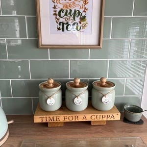 Engraved Wooden TIME FOR A CUPPA Mini Display Tea and Coffee Board Stand