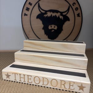 Pu&ograve; includere: Un espositore in legno a tre livelli con strisce nere. La parola "THEODORE" &egrave; incisa sul davanti, insieme a disegni di stelle. Un cartello rotondo in legno con una grafica di toro e il testo "THE ROLLING COW" &egrave; sullo sfondo.