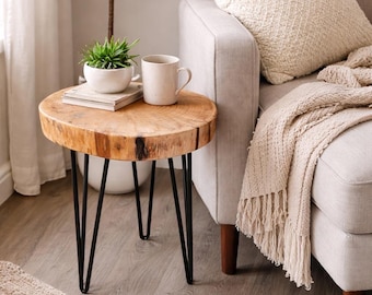 Unique Handmade Monkey Puzzle Top Side Table with Black Hairpin Legs