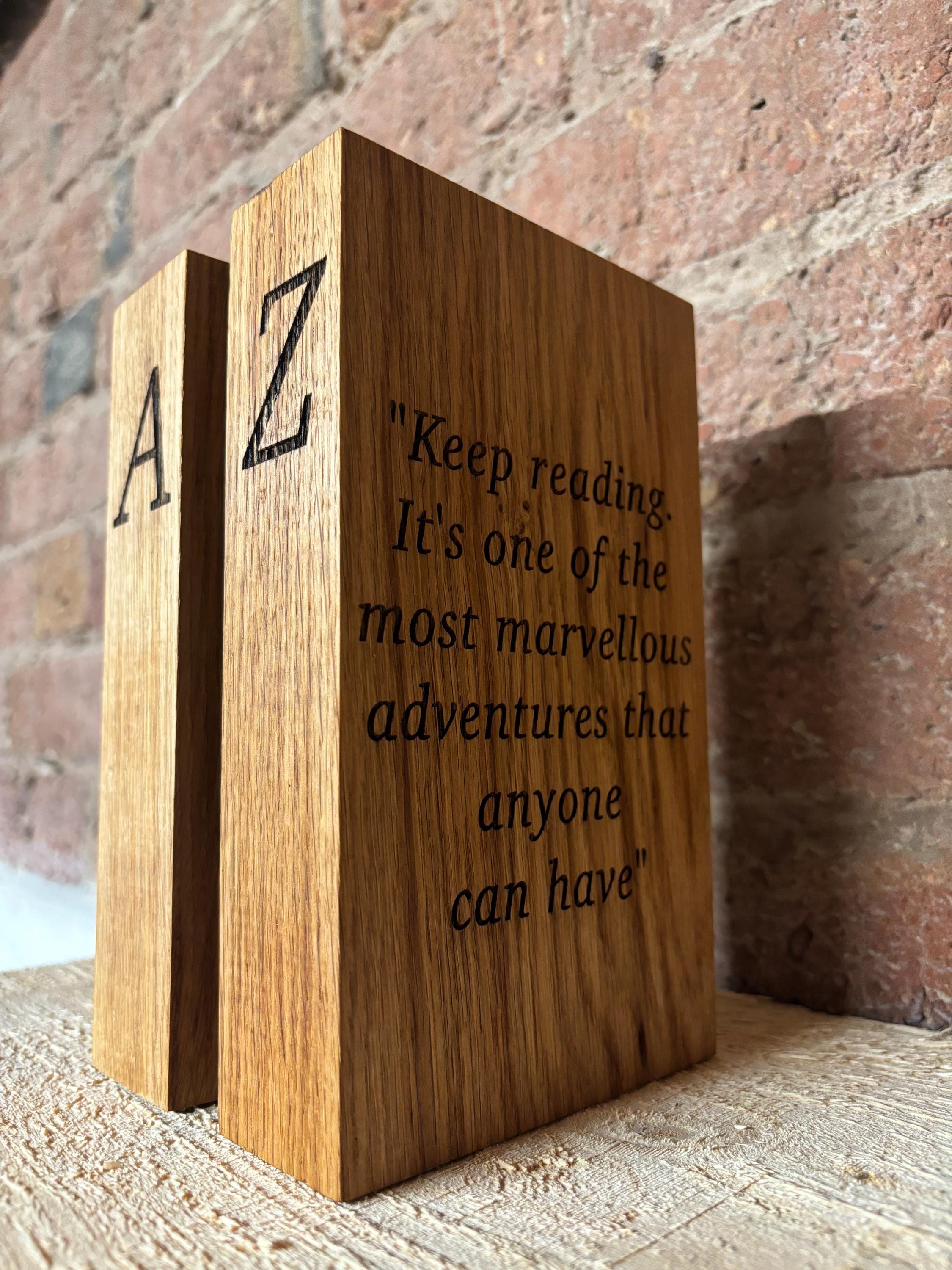 Personalised Engraved Oak Bookends, Solid Wood Book Holders, Shelf ...