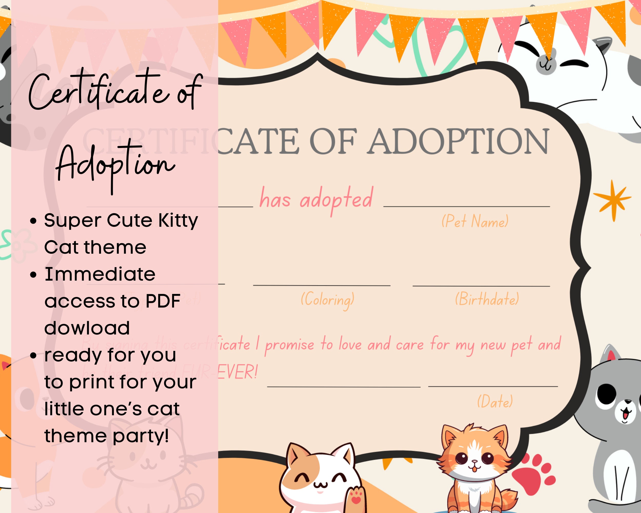 PRINTABLE Certificate of Adoption Kitty Cat Birthday Party PDF Download ...