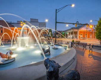 Dog Fountain at Dusk in Downtown Mount Vernon, Ohio.