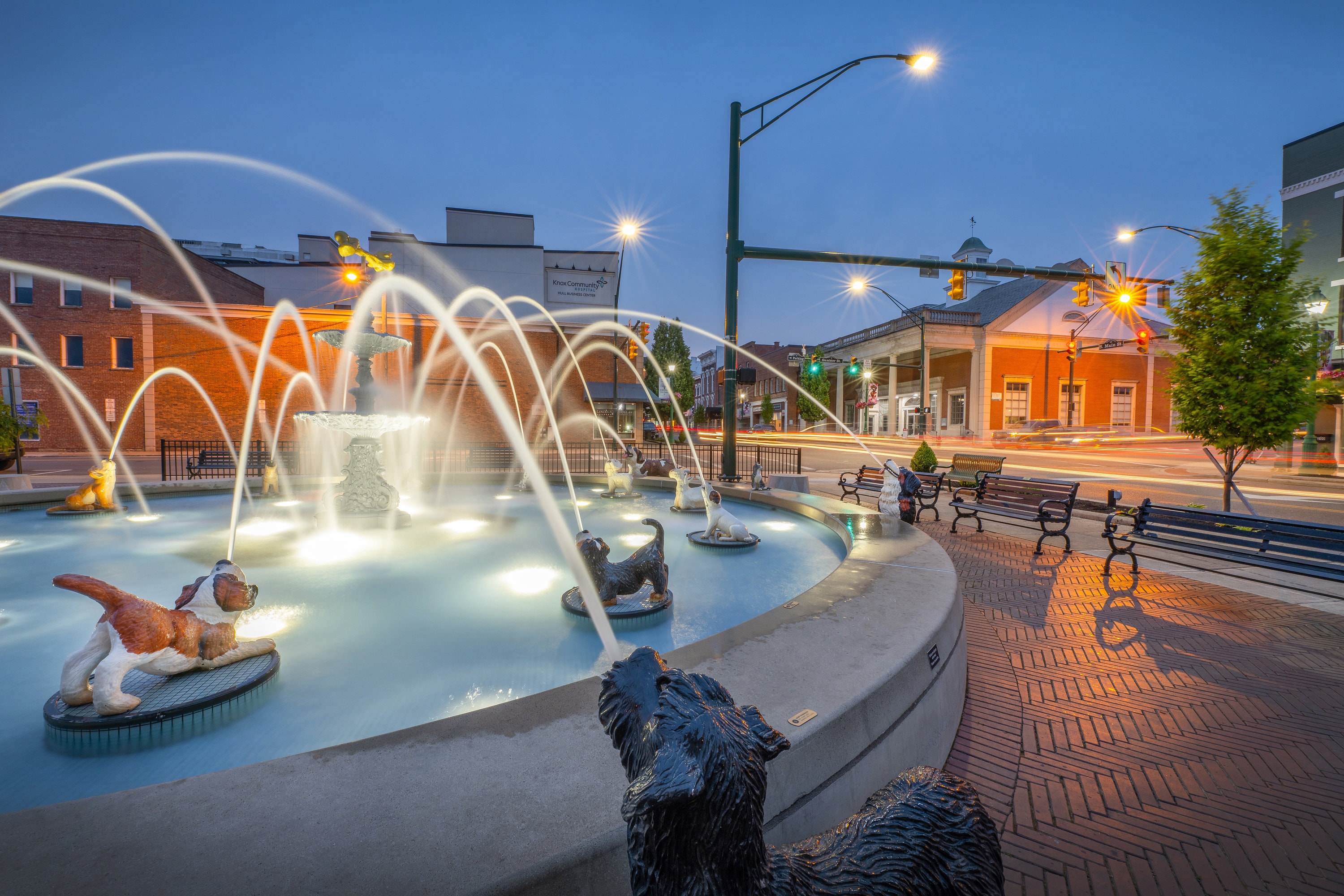 Dog Fountain at Dusk in Downtown Mount Vernon,