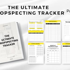 May include: A white and black bound notebook titled "THE ULTIMATE PROPSPECTING TRACKER" with the text "BY: OLIVIA MENZI 2024". The image also shows 8 pages of prospecting templates with yellow accents, including a daily tracker, to-do list, and appointment log.