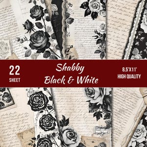 Black and White Shabby Chic Junk Journal Paper, Printable Floral Digital Pages, Vintage Shabby Chic Ephemera Kit, Vintage Journal Supplies
