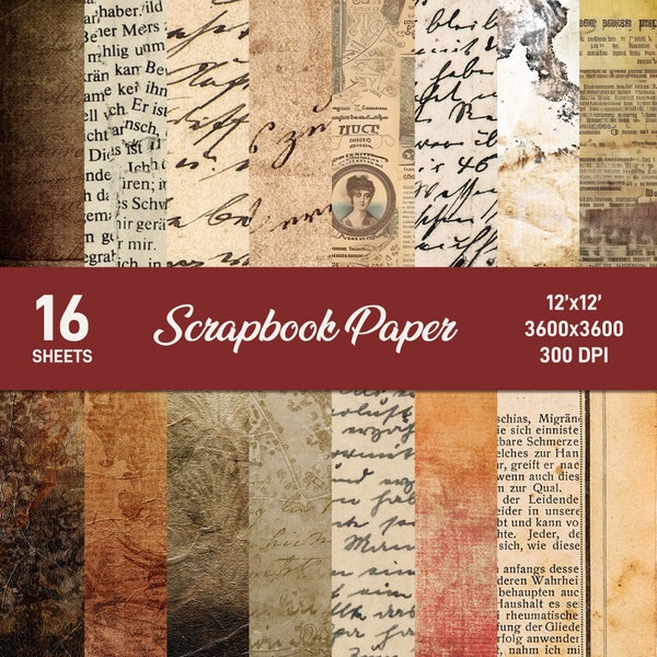 16 vintage Journal Pages, Junk Journal Kit, Basic Papers, Printable Shabby Pages,Collage sheet,Scrapbook Paper, 12x12 inches Digital Paper