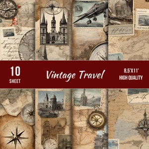 Pages numériques de voyage vintage, feuille de collage minable imprimable, valise ancienne, kit de papier scrapbooking vacances, pages éphémères vintage