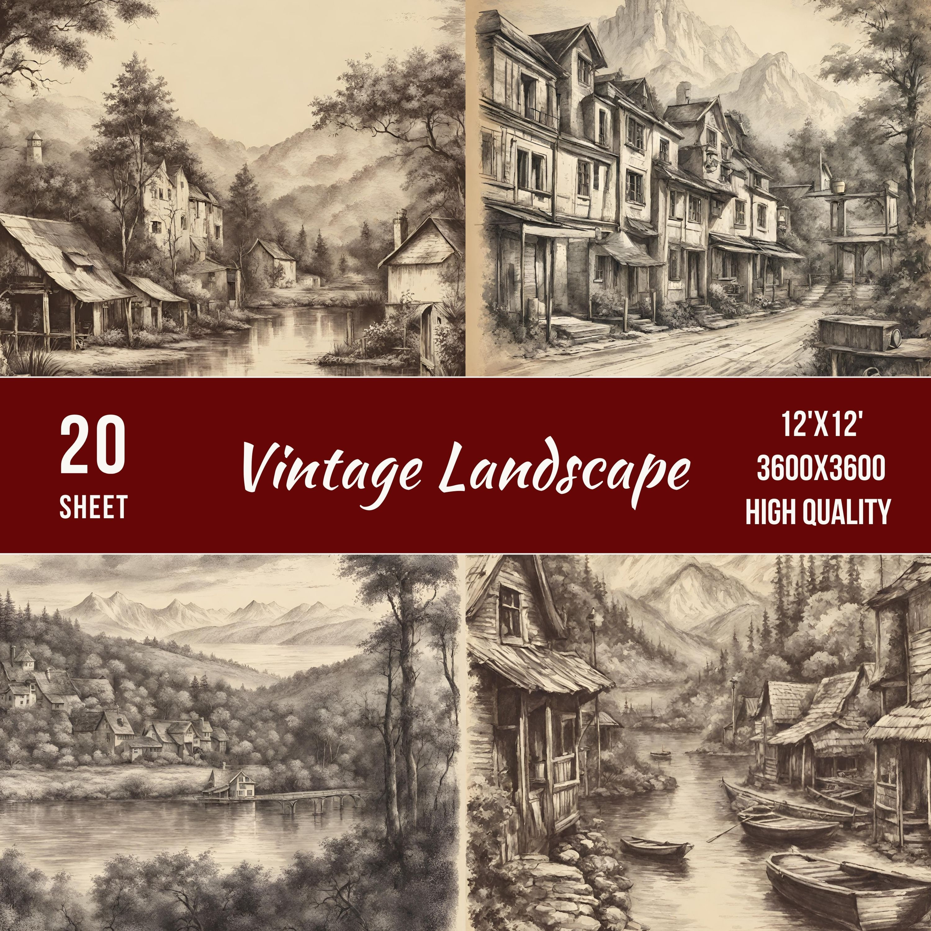 20 Vintage Pencil Drawing Landscape, Minimalist