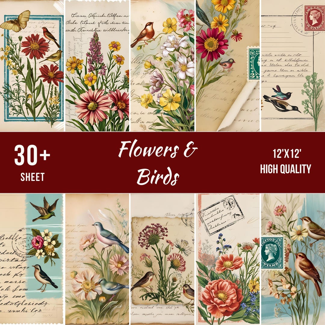 Vintage Birds & Flowers Collage Papers: Junk Journal Kit (digital ...