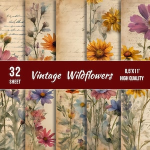 32 Wildblumen Digitale Papiere, Vintage Scrapbook Hintergrund Kit, Floral bedruckbar, Wildblumen Junk Journal, helle Wiesenblumen