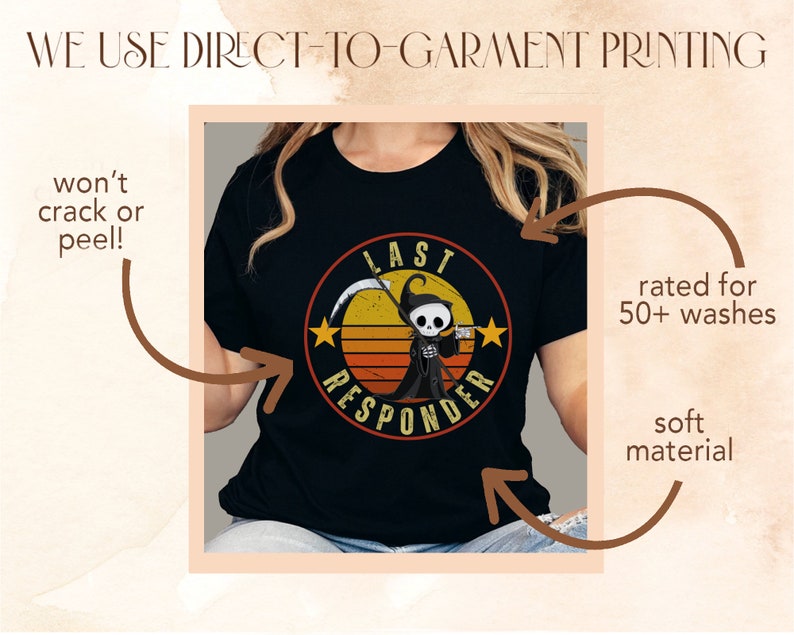 May include: Black t-shirt with a graphic of a cartoon Grim Reaper holding a scythe in front of a sunset with the text "Last Responder" in a circle around the image. The shirt is rated for 50+ washes and is made of a soft material.