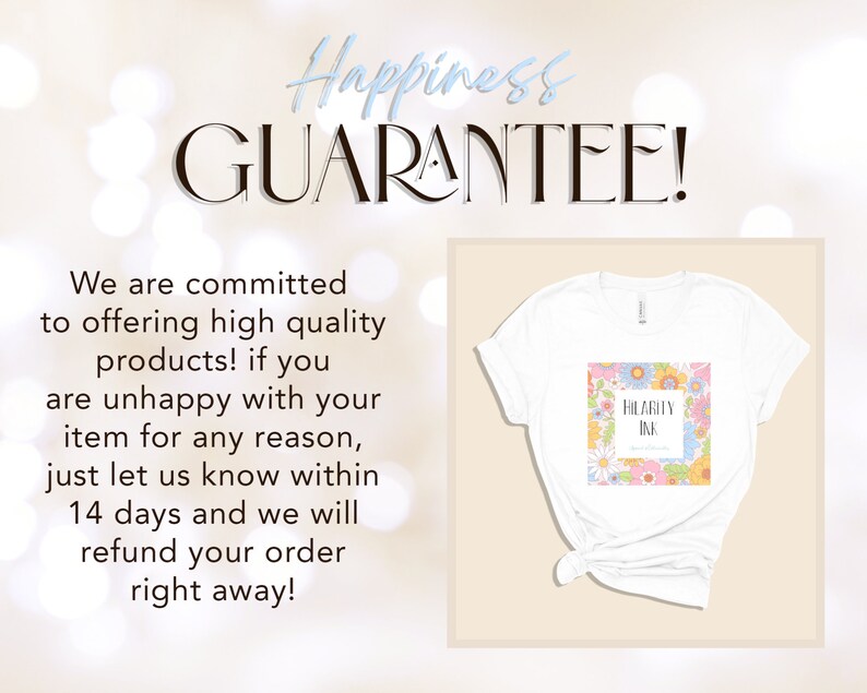 May include: White t-shirt with a floral design and the text "HILARILY INK" printed on the front. The text is in a white box with a black outline. The shirt is on a light brown background. Happiness Guarantee! We are committed to offering high quality products! If you are unhappy with your item for any reason, just let us know within 14 days and we will refund your order right away!