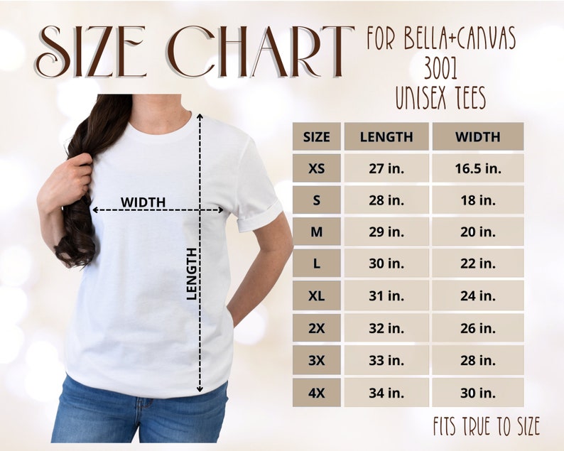 May include: Size chart for Bella + Canvas 3001 unisex tees. The chart shows the length and width in inches for sizes XS to 4X.