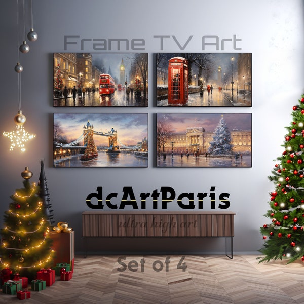 Set of 4 Christmas TV Art in London, Red Bus, Red Phone Box, Tower Bridge, Buckingham Palace, Winter in London, Samsung, Instant Download